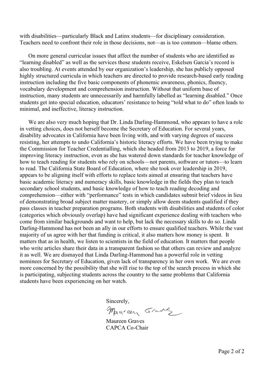 CAPCACAL's tweet photo. To President-Elect @JoeBiden and his transition committee: please do not appoint a Secretary of Education who opposes scientific reading instruction for all students and special education rights. Pick someone outside K-12 who can review the evidence. Here’s our urgent letter: https://t.co/oCi6x8D7LO