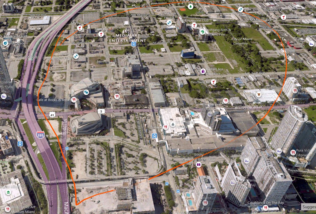 Now we cross I395 ( Which is being totally redone with a fancy new bridge.)The next neighborhood is "The A&E District" and it's so new that  @bing doesn't even have it on the map.In the past 5 years developers have added 3500+ units in the orange circled area /9