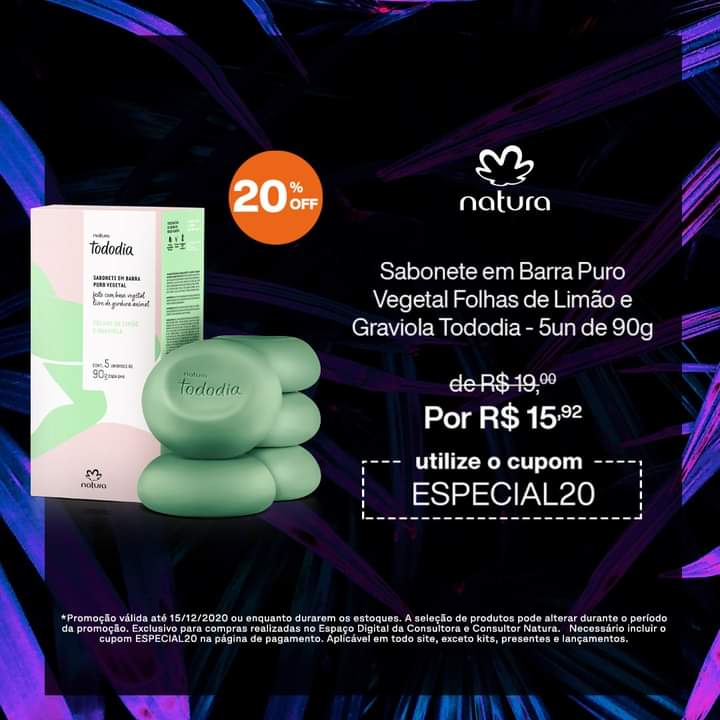 Aqui tem 20% de desconto adicional aplicando o cupom ESPECIAL20. Acesse meu Espaço Digital e aproveite: natura.com.br/consultoria/va…
Válido até dia 15/12/2020 ou enquanto durarem os estoques. Não aplicável em kits, lançamentos e presentes.
Curta: facebook.com.br/byvanucia