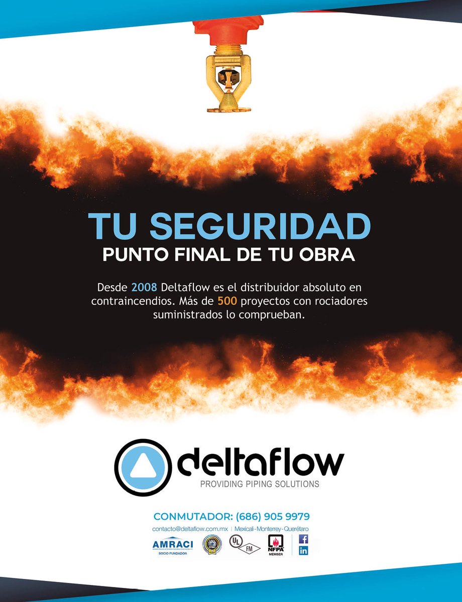 RevIndCONCAMIN's tweet image. Desde 2008 #Deltaflow es el distribuidor absoluto en contraincendios. Más de 500 proyectos con rociadores suministrados lo comprueban, #TuSeguridadPuntoFinalDeTuObra.

📲 deltaflow.com.mx
@AMRACIMEX