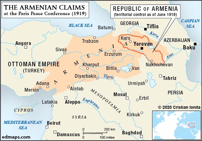 5/7) At the Paris Peace Conference Armenia (1919), Armenia laid claims to parts of Russia’s Kars Oblast, Yerevan, Elisabethpol (Ganja/Gandzak), and Tiflis (Tbilisi) Governorates and parts of Turkey’s Trabzon, Erzurum, Van, Bitlis, Diyarbekir, Harput, Sivas, and Adana Vilayets.