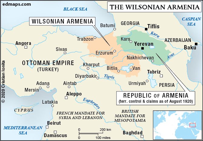 6/7) At the Treaty of Sevres (1920), the US proposed a new Armenia-Turkey border drawn by President Woodrow Wilson. The Treaty was never enforced, and Armenia did not exercise control of the territories it claimed in Turkey which were emptied of Armenians following the genocide.
