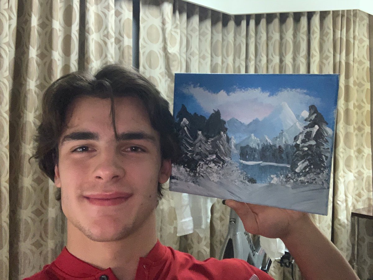 WorldJuniors's tweet photo. It's true... a Bob Ross paint night in Red Deer quarantine revealed some artists in our midst! 🎨

The top 4 (as determined by an official #WorldJuniors team bracket challenge, of course) ⬇️ https://t.co/MxKmpmO8Tx