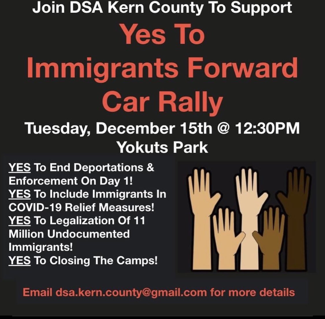 Join DSA Kern County Tuesday, December 15th at 12:30pm at Yokuts Park for the Yes To Immigrants Forward Car Rally