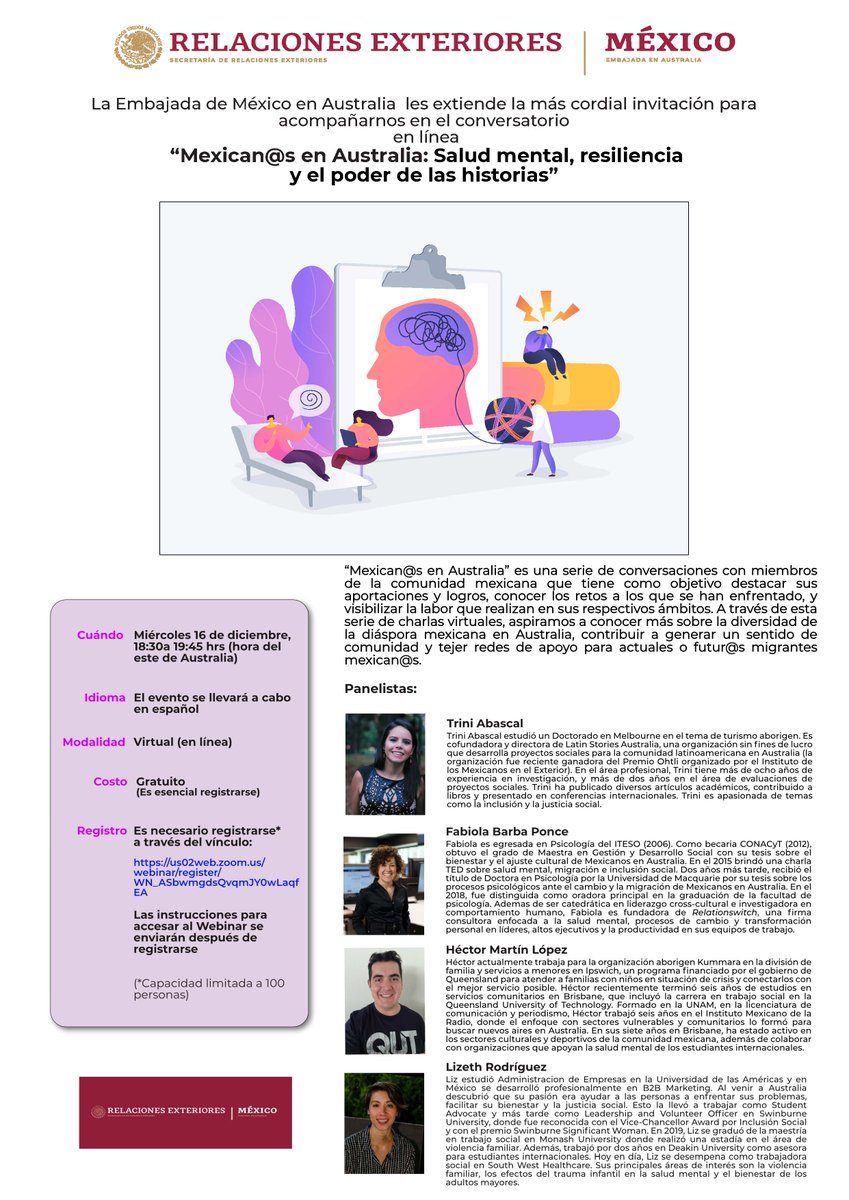 Tomorrow, I'll be talking about mental health at a webinar organised by <a href="/EmbaMexAus/">EMBAMEX AUSTRALIA</a> Diverse migration stories and mental health are intrinsically related. Hear more, registrations needed. #migration #mentalhealth <a href="/relationswitch/">Relationswitch</a> 
us02web.zoom.us/.../reg.../WN_…