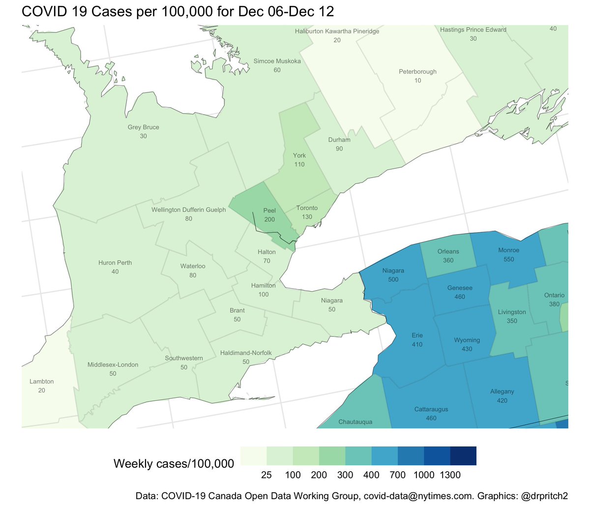 2/ Greater Toronto region: Peel and Toronto finally stabilized, York joins the lockdown; Hamilton and Durham nearly there.Across the border: Buffalo (Erie) stable, but rising rates across nearby parts of New York. Rochester (Monroe) up 50% over last two weeks, almost 3x Peel.