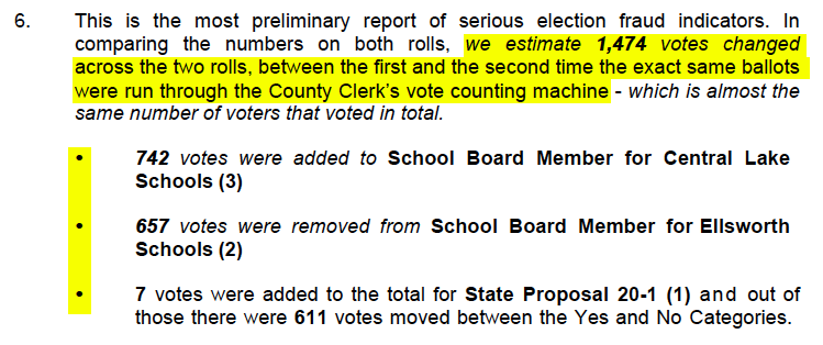 Jumping ahead in the report to the issue that's been in the news, where a marijuana prop ended up winning by one vote. The findings here are amazing, the ramifications obvious. Differences like these between a count and a recount should be impossible.