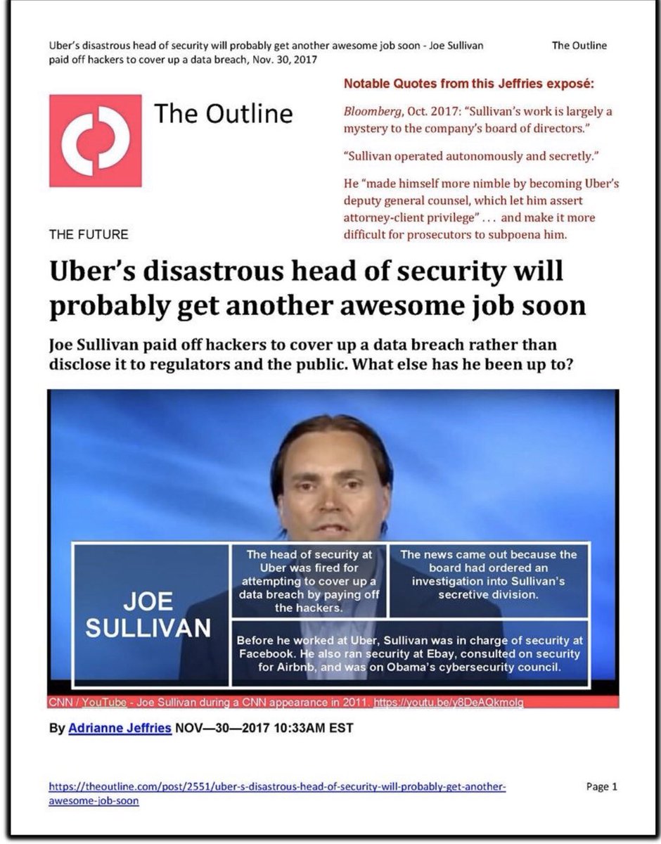 Joe Sullivan was the chief technologybofficer at Uber when they had a HUGE DATA BREECH! It was criminal what was done but Sullivan arranged for the “hackers” (feature not bug) to be paid off