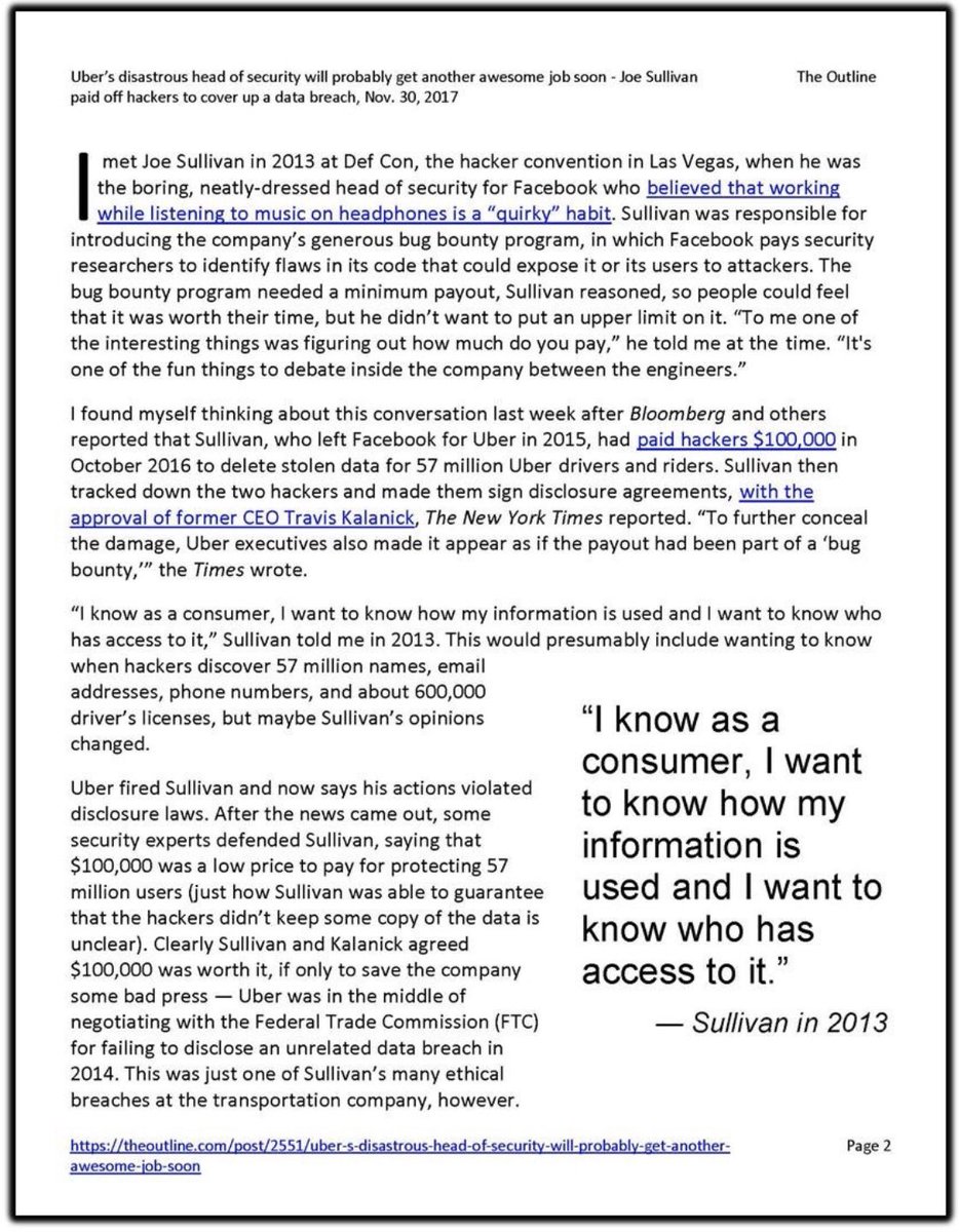 Joe Sullivan was the chief technologybofficer at Uber when they had a HUGE DATA BREECH! It was criminal what was done but Sullivan arranged for the “hackers” (feature not bug) to be paid off