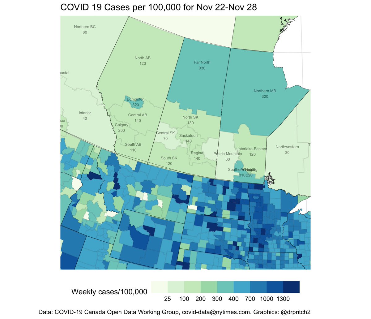 4/ The Prairies: the northern regions are now at US weekly rates of Covid. Alberta's in worse shape overall, as its major cities are high.Across the border: COVID rates are receding, finally, after a severe wave through the Dakotas and Minnesota.ND: 1 of every 675 dead.