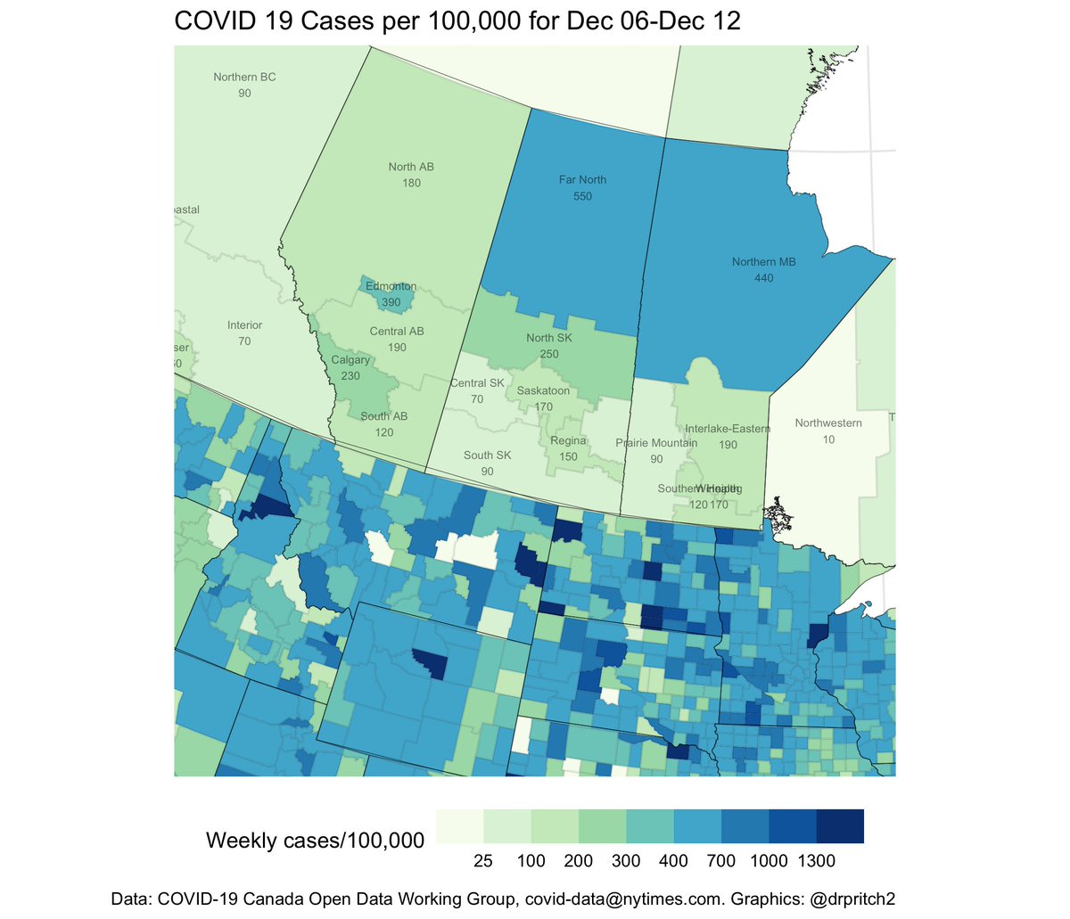 4/ The Prairies: the northern regions are now at US weekly rates of Covid. Alberta's in worse shape overall, as its major cities are high.Across the border: COVID rates are receding, finally, after a severe wave through the Dakotas and Minnesota.ND: 1 of every 675 dead.