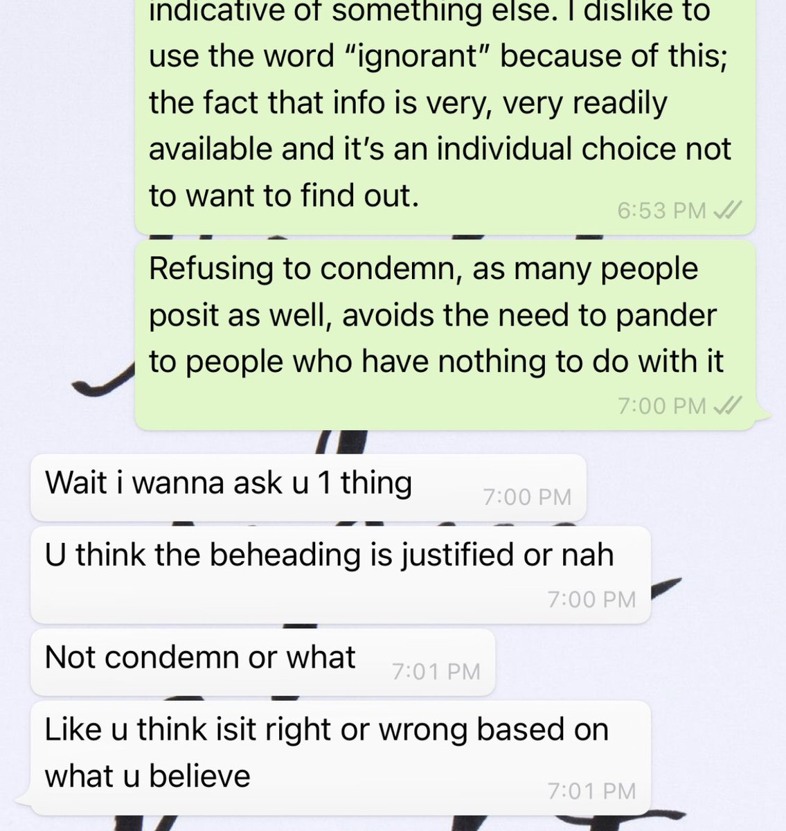 Here’s a screenshot of a convo I had with someone who knew that I told Muslims to stand our ground and actually preserve our dignity. Pure insanity that misses the point.