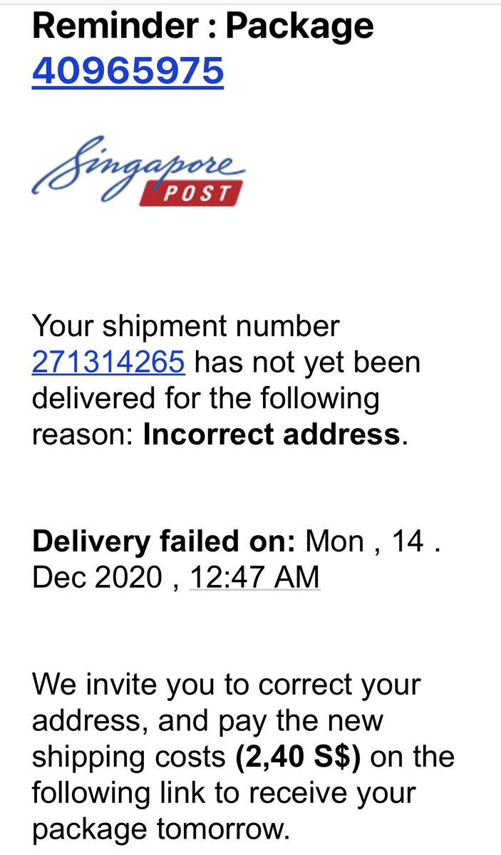 MeilinWK's tweet photo. @SingPostCusCare Received 3 of such emails in the past 3 weeks. Hope u sort this out quickly or someone will get scammed badly. Thx! #ScamAlert https://t.co/rBgzWg9bHy