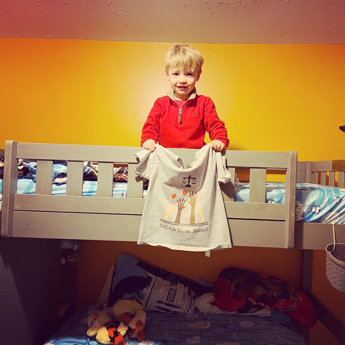 mrswazhere's tweet photo. Showing off his @sjc_phs tee and his bunk beds! #dashwaz #socialjustice #weareplainville https://t.co/7cE5tJiexb