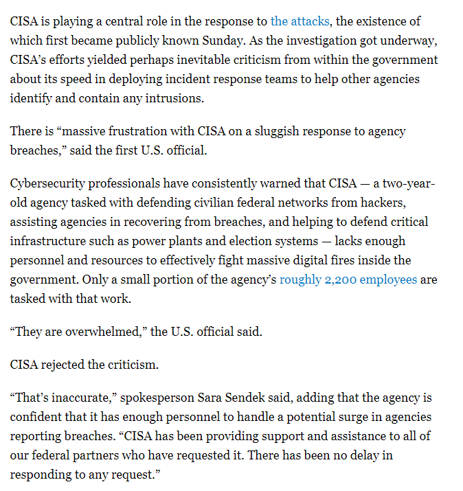 Expanding crisis has put new pressure on CISA just as it recovers from Trump's firing of its longtime director.There are Qs about whether CISA has enough personnel to help the govt recover from this.“They are overwhelmed,” U.S. official said.CISA says it's ready.