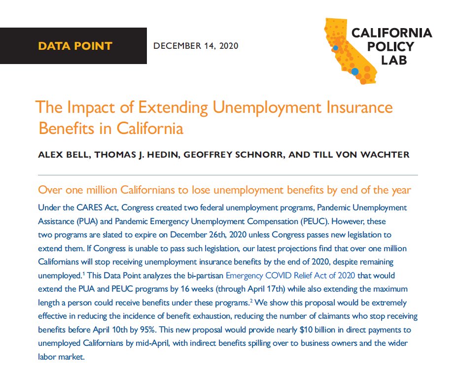 Read the full report here: https://www.capolicylab.org/wp-content/uploads/2020/12/Impact-of-Extending-UI-Benefits-in-California.pdfIf you like this analysis, give a follow to  @CAPolicyLab, along with my brilliant coauthors  @alexbellecon +  @TillvonWachter. (Geoff Schnorr is too cool Twitter)And HUGE thanks to  @CA_EDD for making this research possible.
