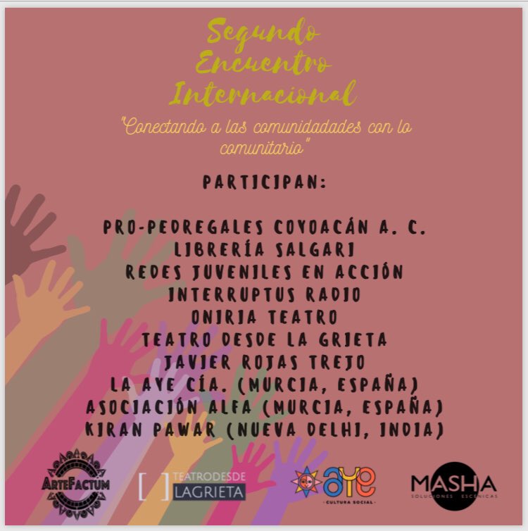 ArteFactumMx's tweet photo. ¡Amigas y amigos!
Los invitamos a nuestro Segundo Encuentro Internacional “Conectando a las comunidades con lo comunitario”
Aquí abajo toda la información https://t.co/EK8Iq6QTCj
