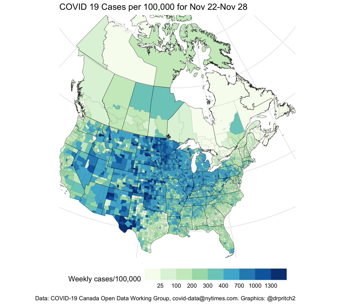 5/ North America: the USA's post-Thanksgiving growth is now visible: the biggest growth has been in the northeast and southeast, though rural Texas and California jump out at the eye first.For Canadians, cross-border cases should remain a concern.