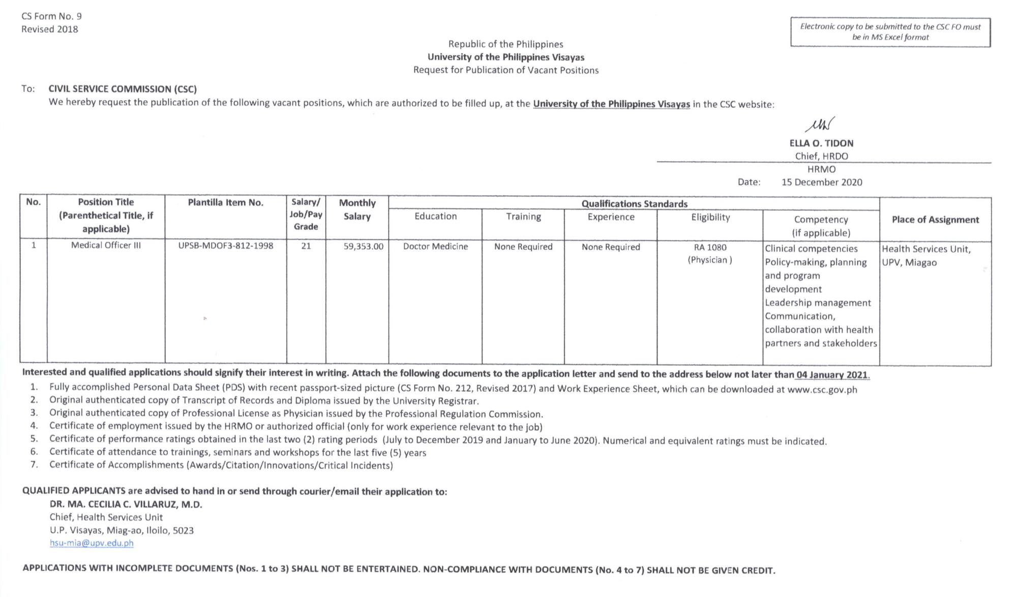 UP Visayas on Twitter: "Career Opportunities Health Services Unit *  Position Title: Medical Officer III * Plantilla Item No.:  UPSB-MDOF3-812-1998 * Salary/Job/Pay Grade: SG-21 * Monthly Salary:  59,353.00 * Deadline: 04 January