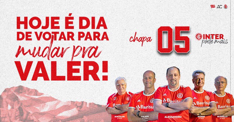 BarcellosSCI's tweet photo. Chegou o dia! 

É hoje que você, sócio ou sócia, vai decidir o futuro do Internacional para os próximos 3 anos. Nós sabemos que @OInterPodeMais. Faça a mudança necessária no nosso clube.

#MudePraValer #Vote05 #OInterPodeMais https://t.co/7LZ8iVbseL