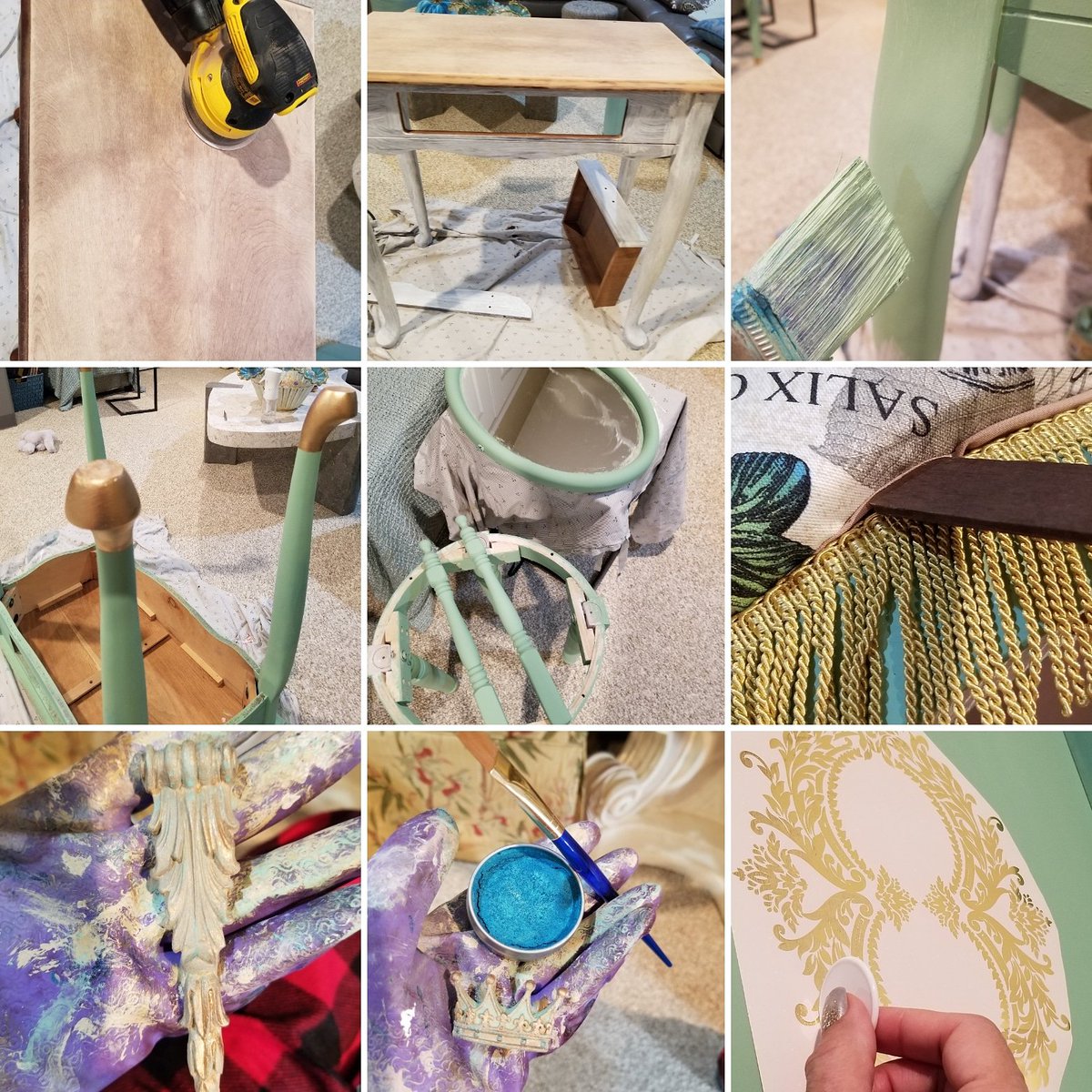 LoriPinsonFOX2's tweet photo. Sanding, painting! Adding corbels, transfers, gold leaf and a crown to the vanity. Fringe, shading and butterflies to the stool! New look! #diy #crafty #icandoit #mrsfixit #handy #restoration #furniture #makeover #vintage #butterfly #crown #painting https://t.co/QH8Cat7rir