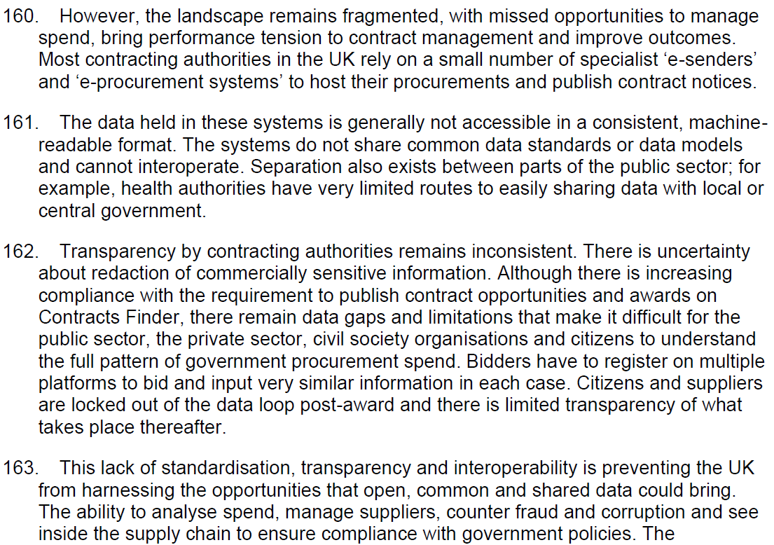 5) The govt has made a commitment to greater transparency. Its analysis of the problem is spot on and I like proposals to publish more info with award notices, require use of OCDS, and to create a new central platform