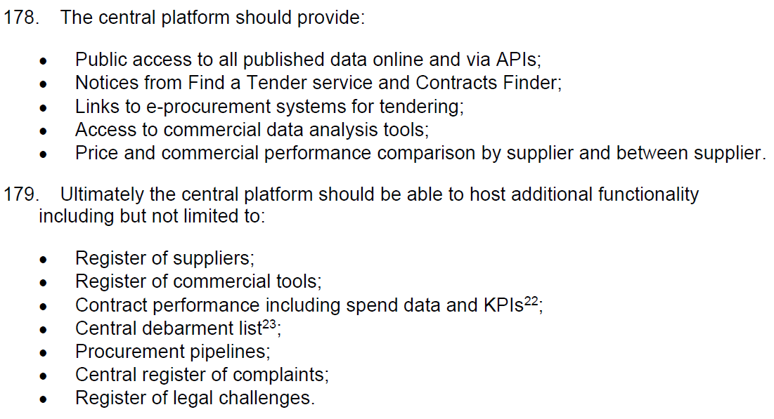 5) The govt has made a commitment to greater transparency. Its analysis of the problem is spot on and I like proposals to publish more info with award notices, require use of OCDS, and to create a new central platform