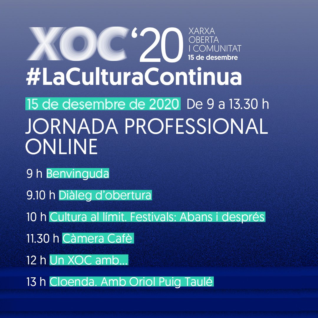 apgcc's tweet photo. Comença el @XOC2020! Segueix la jornada des del twitter d'@oriolpuigtaule. #LaCulturaContinua #Culturaenxoc 

@MarianLopezFCao @MariaCuso @jldevicente @aangelsala @photoespana @vsalaf @lunamonelle @LuciaCasani @esbaluardmuseu @teatrobarrio @tracysires https://t.co/E5OQ07i6Pz