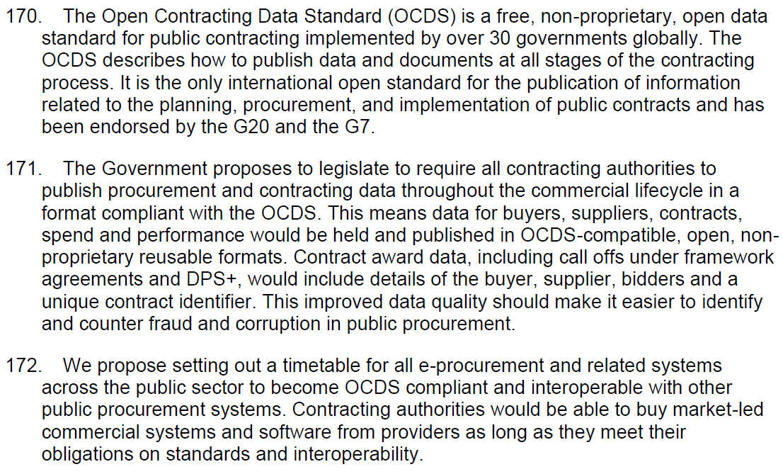5) The govt has made a commitment to greater transparency. Its analysis of the problem is spot on and I like proposals to publish more info with award notices, require use of OCDS, and to create a new central platform