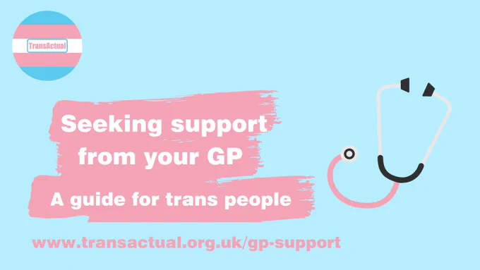 Writing says: seeking support from your GP a guide for trans people. www.transactual.org.uk/gp-support Graphic of a stethoscope