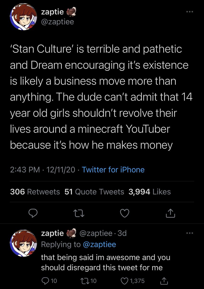 heres the tweet incase you havent seen it before. sure dream condoning stans could be seen as a “”” business move “”” but in all honesty, most stans literally dont do anything bro  grow up man