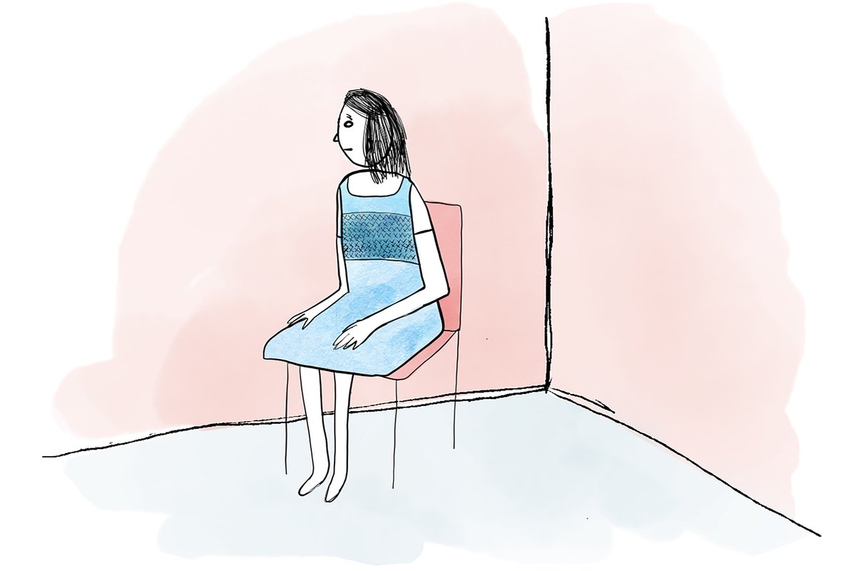 Drawing of a woman sitting on a chair in a corner. 