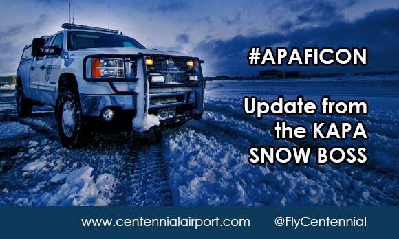 FlyCentennial's tweet photo. ❄️#APAFICON 1/4 inch dry snow observed Tuesday, Dec. 15 at 0031L. #Snow removal operations underway. Watch for plows and equipment in and around controlled areas. Check NOTAMs and ATIS for braking action and closures. #cowx ❄️ https://t.co/HEuZ6RQtn7