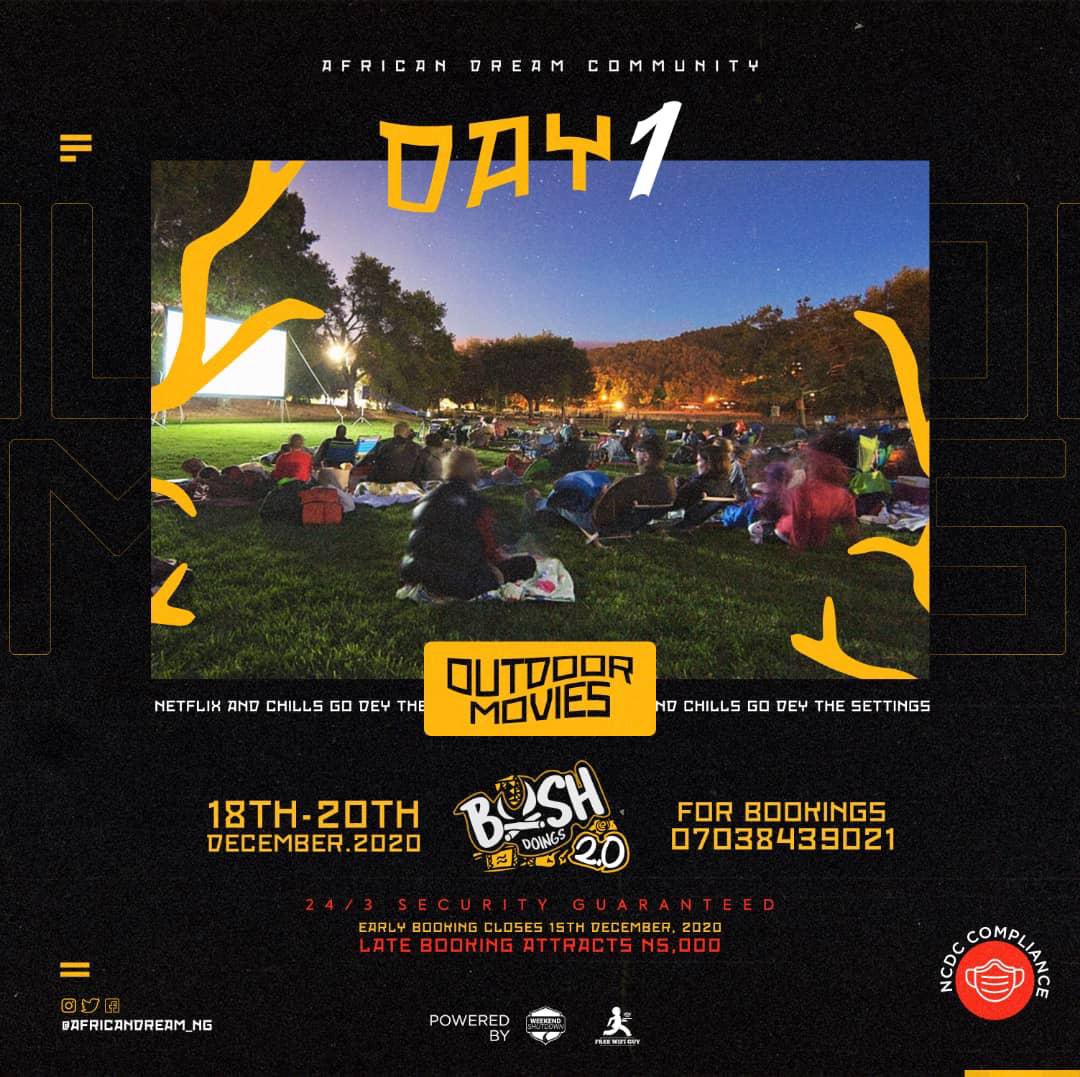 realkingss's tweet photo. This week #BushDoings comes With fun packages like
-Outdoor movies π₯
-Bonfire partyπ₯
-Paint Ball war Game
-Hiking
-Treasure
#AbujaTwitterCommunity donβt miss out on all the fun get your tickets π«π
https://t.co/2hrkS4KSqn https://t.co/stUNAMtubJ