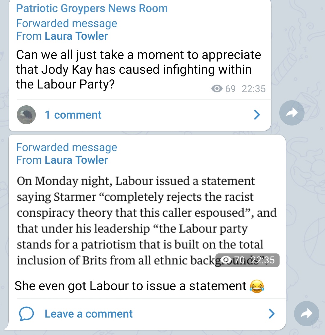 This also doesnt mean complacency. The other place I'm seeing this happening is in eg yesterday's gr0yping incident where Keir Starmer was caught out by a white supremacist woman calling in to LBC to make use of the platform to spread Nazi memes.