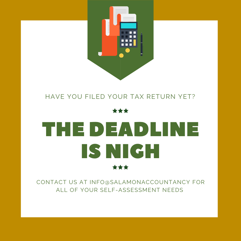 SalamonandCo's tweet photo. The deadline is fast approaching - 47 days (if you’re counting) to file your tax return online 🗓

Running short on time? Why not let me do it for you...? ⏰ https://t.co/1AZ2l1jeZe