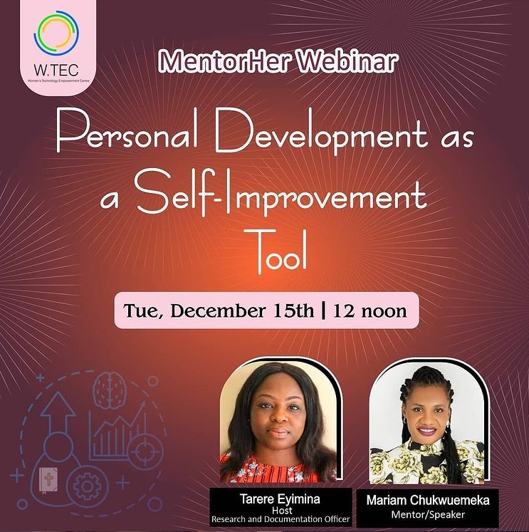 Coming Up Today!
We are pleased to invite our mentors, mentees and interested individuals to this month's #MentorHer webinar.

Theme: Personal Development as a Self-improvement Tool
Date: Tuesday, December 15, 2020
Time: 12 noon
Kindly register: bit.ly/mentorher2