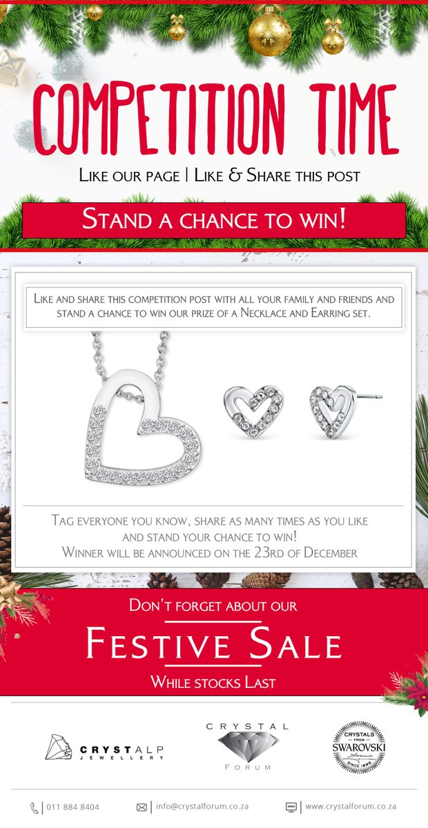 CrystalForumSA's tweet photo. IT'S COMPETITION TIME!!!! We are celebrating the Festive Season with a wonderful chance to win a Crystalp necklace and earring set from Crystal Forum. https://t.co/qgyp14gp9n Get Sharing #Crystalp #crystalforum #festivesale #Crystalpcompetition #festivecompetition https://t.co/s8GbYmz4K1