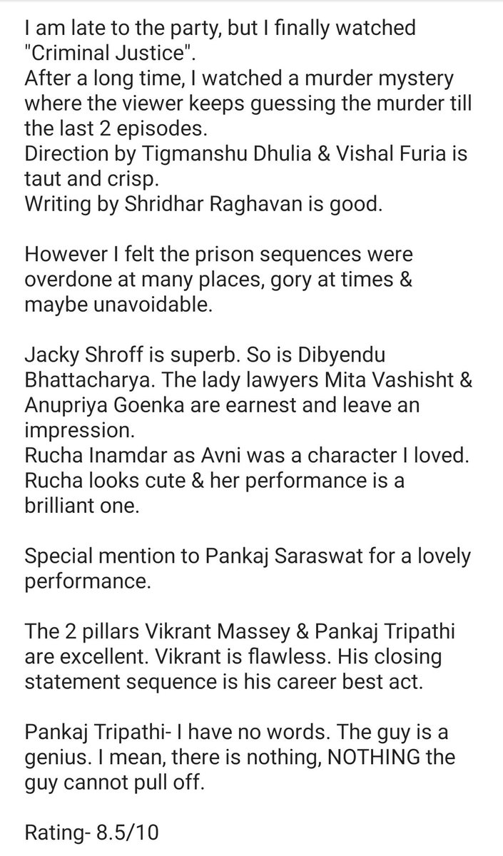 159. CRIMINAL JUSTICE @DisneyPlusHSLate to the party, but finally watched it. @masseysahib @TripathiiPankaj @RuchaInamdar  @anupria_goenka @dirtigmanshu  @FuriaVishal  @ShridharR  @bindasbhidu  @debu_dibyenduMy review below-