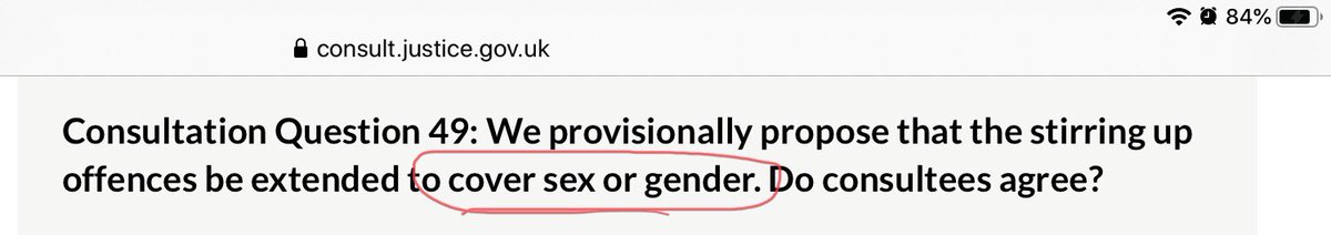 And stirring up hatred v women is not even proposed as a specific offence related to sex. No, once again, it is sex or gender. So transgender folks are covered twice and women are not allowed sex based protection. Remind me again which is a legally protected characteristic?