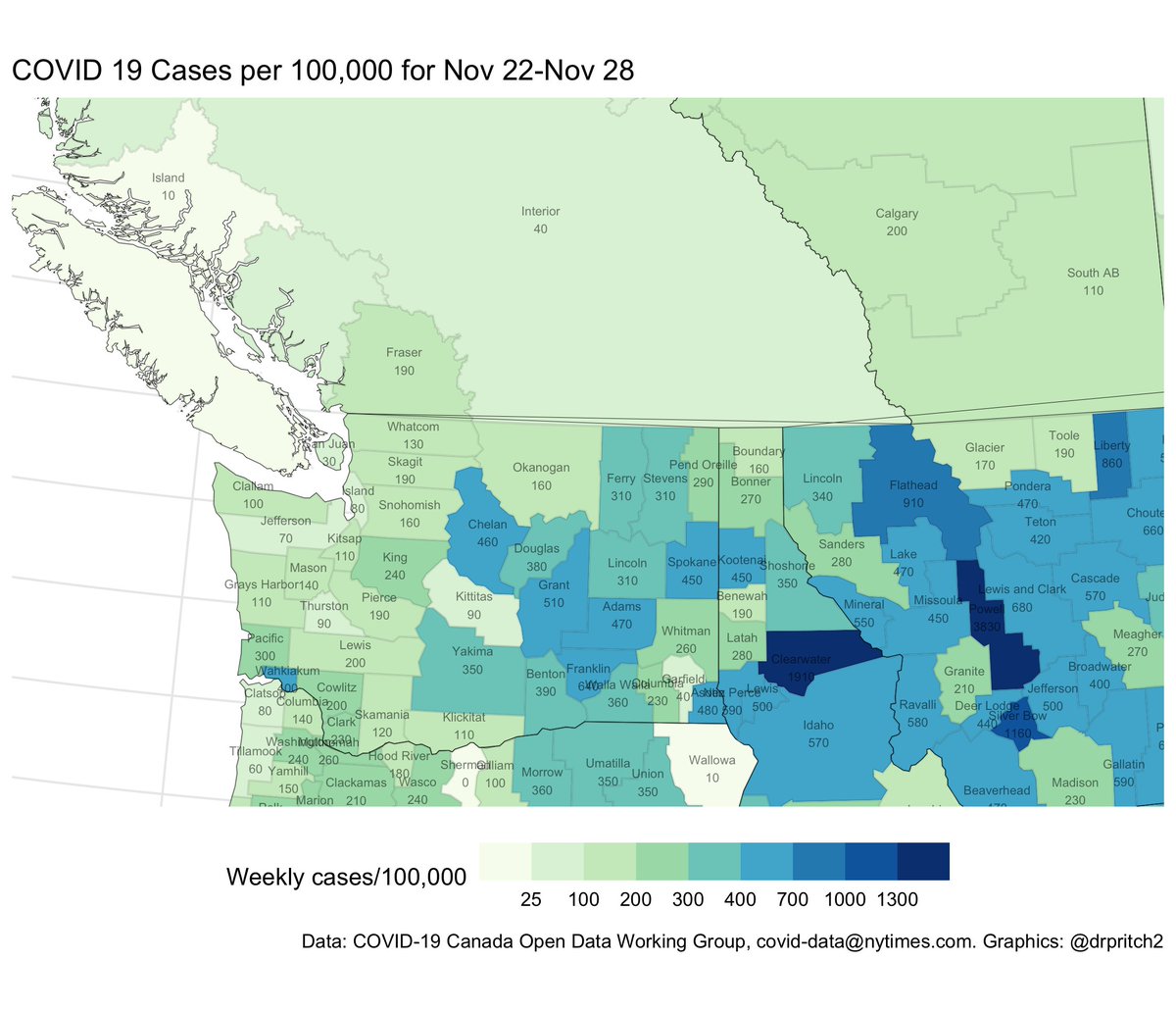 8/ Bonus map: BC.Washington state's as bad as it's been. North of Seattle (Snohomish, Skagit_) and Okanagan counties are all up 50% since Thanksgiving. Northern Idaho is back to where it was in early November, and Montana's only improving slowly.