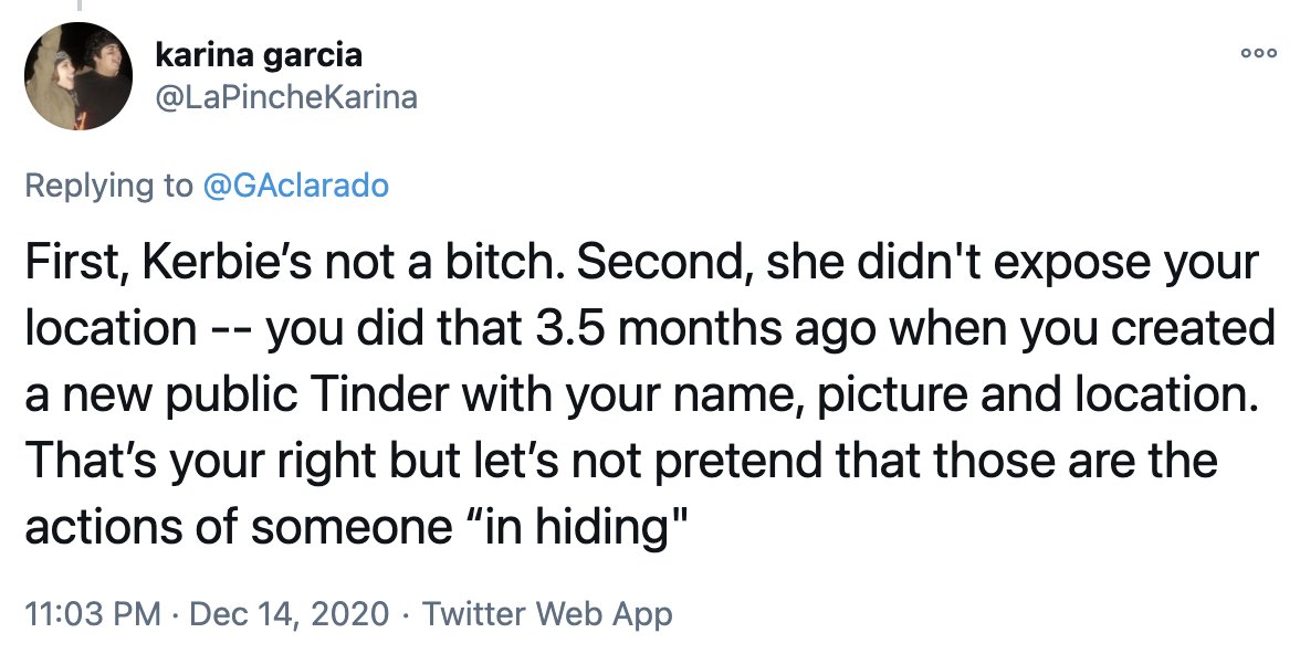 One of the PSL central committee women who signed the letter doxxing Steven Powers' accuser is harassing the survivor for opening a Tinder account. Karina Garcia and co. have been stalking a survivor to collect her info for a harassment campaign. https://archive.is/SVbHq 