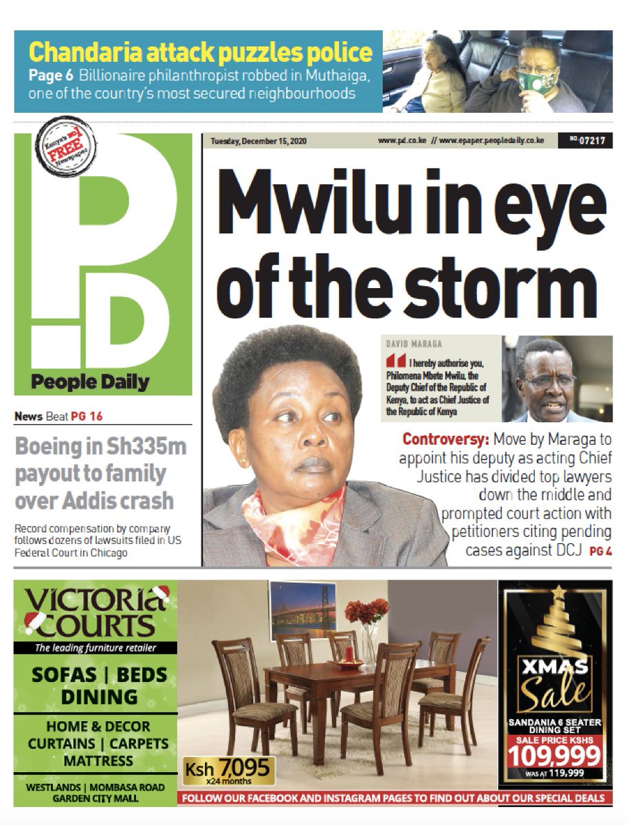 PeopleDailyKe's tweet image. Good morning to you? In our PD newspaper paper today; Mwilu in eye of the storm, Chandaria attack puzzles police, Boeing in Sh335m payout to family over Addis crash, and many more. Read on pd.co.ke. Have a good day, won't you?😊 #TalkToPD