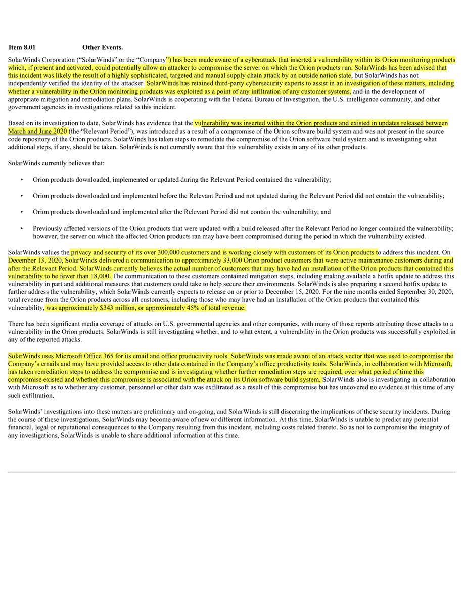 OH MY DUCKING GODNO just NOthis is why SEC filings are mandatory reading“...Based on its investigation to date, SolarWinds has evidence that the vulnerability was inserted within the Orion products and existed in updates released between March & June 2020...”FORK this is BAD