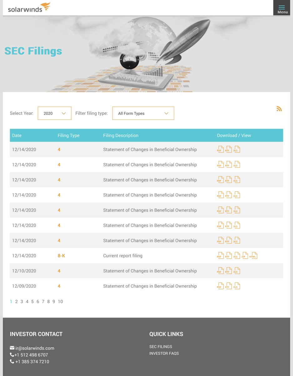 If you ever really want to know the cold hard facts about a publicly traded company just pull up their SEC filings -to be fair today‘s MULTIPLE Statement of Changes in Beneficial Ownership - appear to be sales initiated BEFORE the breach SEC Public Info https://www.solarwinds.com&nbsp;