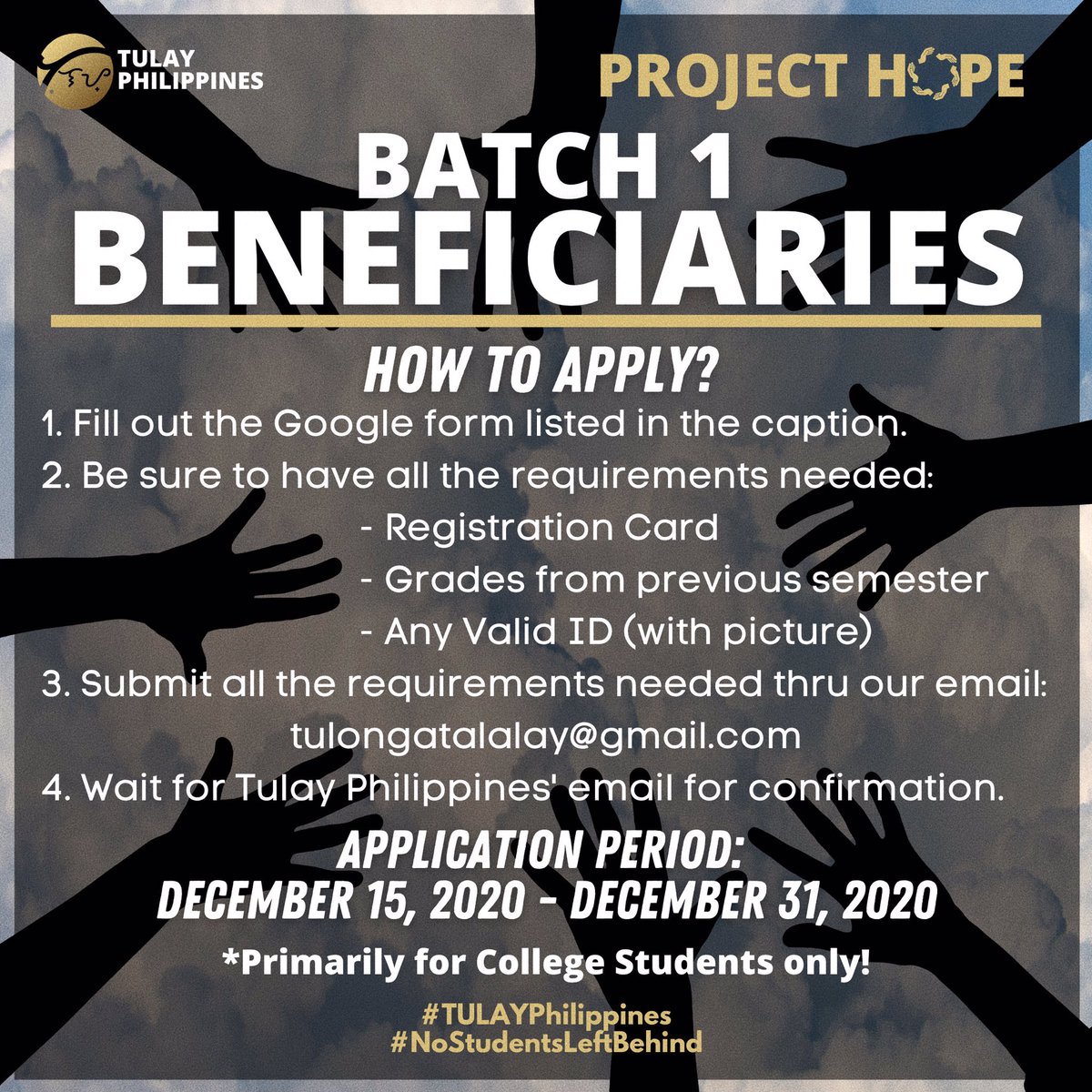 As significant as the donors are, beneficiaries are also the sole reason in doing such movement like this, really. But, we wanted to do a ✨ beneficiary check ✨ as we go look for our first batch of beneficiaries! 👀

#NoStudentsLeftBehind 
#TULAYPhilippines