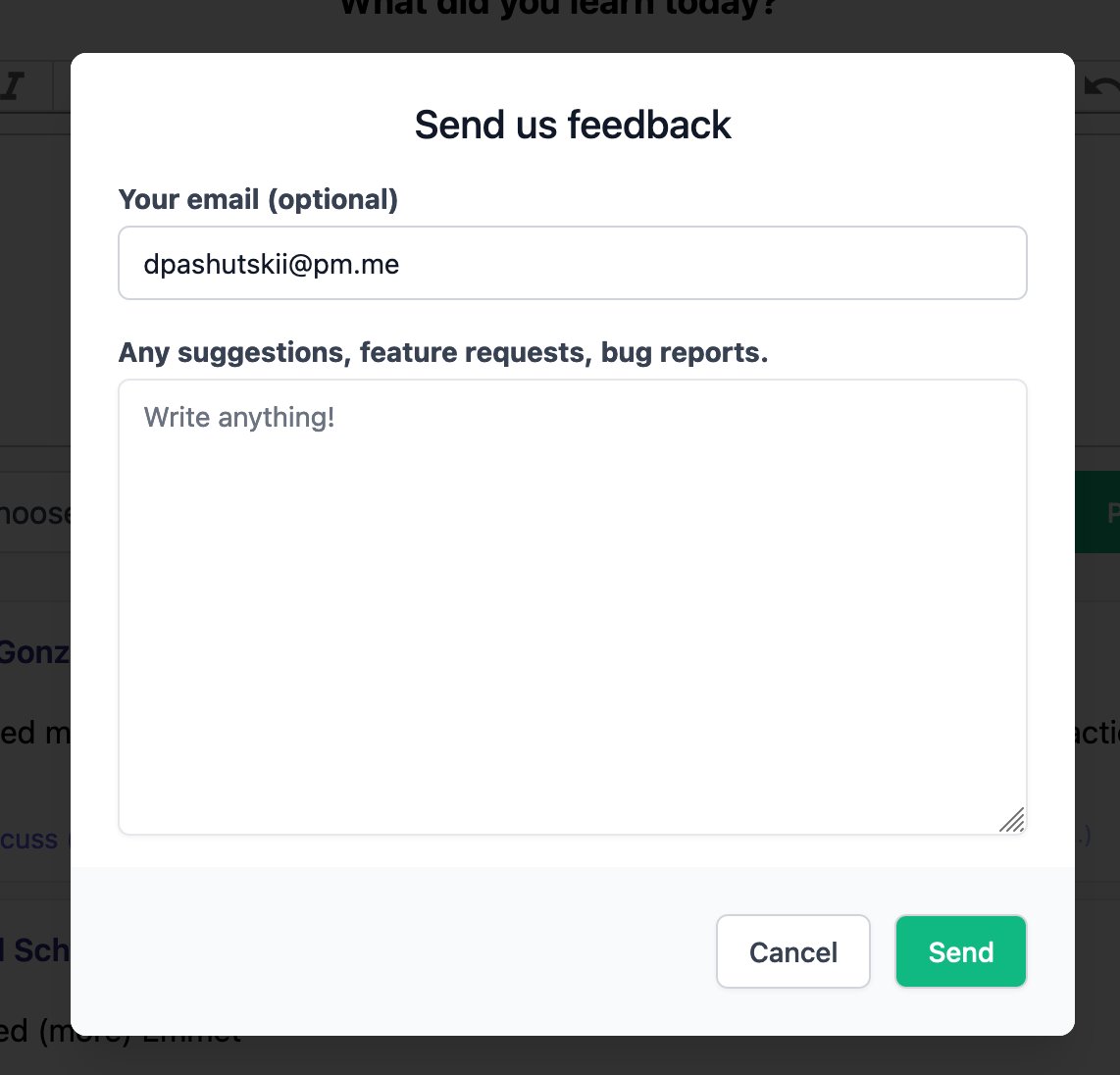 LearningStory1's tweet photo. We decided to switch from crisp chat to a simple feedback form. Now you can just send us a simple message by clicking on "Send feedback".

If you want to hear back from us, you can optionally fill in your email. https://t.co/9w6QLykX52