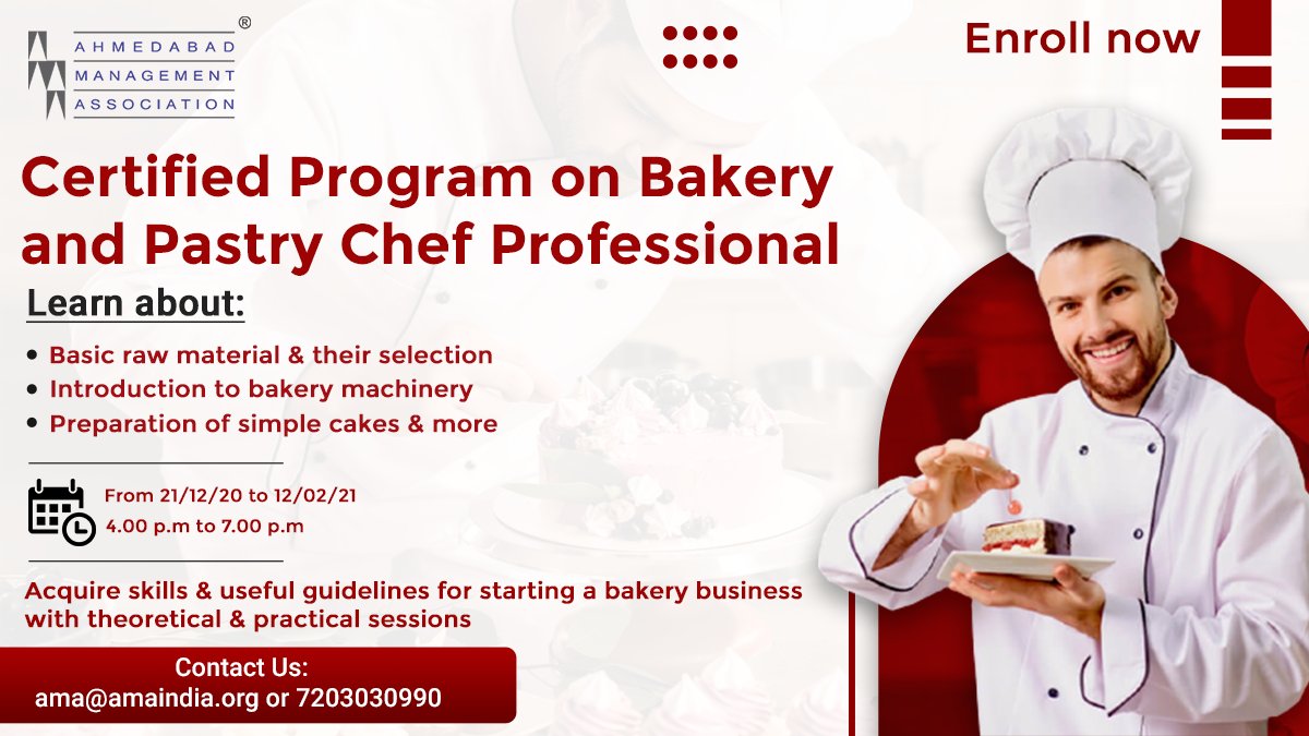 ama_ahmedabad's tweet photo. This program provides useful inputs on making different types of baked food, Chocolate, and Fusion Cookery found in the bakery.
To know more visit, https://t.co/eQwOuaFFtC
#ama #amaindia #ahmedabad #bakeryandpastry #certifiedprogram #certification #bakery #bakeryclass https://t.co/z7i6h0Wp7a