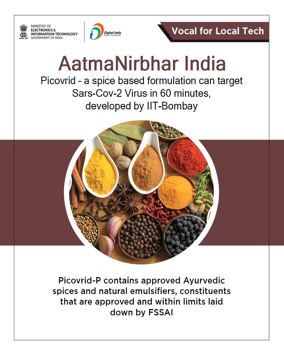 _DigitalIndia's tweet photo. #VocalForLocalTech | Researchers at the IIT Bombay have developed a spice-based an Ayurvedic formulation that rendered the Sars-Cov-2 virus that causes Covid -19 inactive within an hour, in laboratory tests. @MoHFW_INDIA @moayush https://t.co/eP3UixYbXo