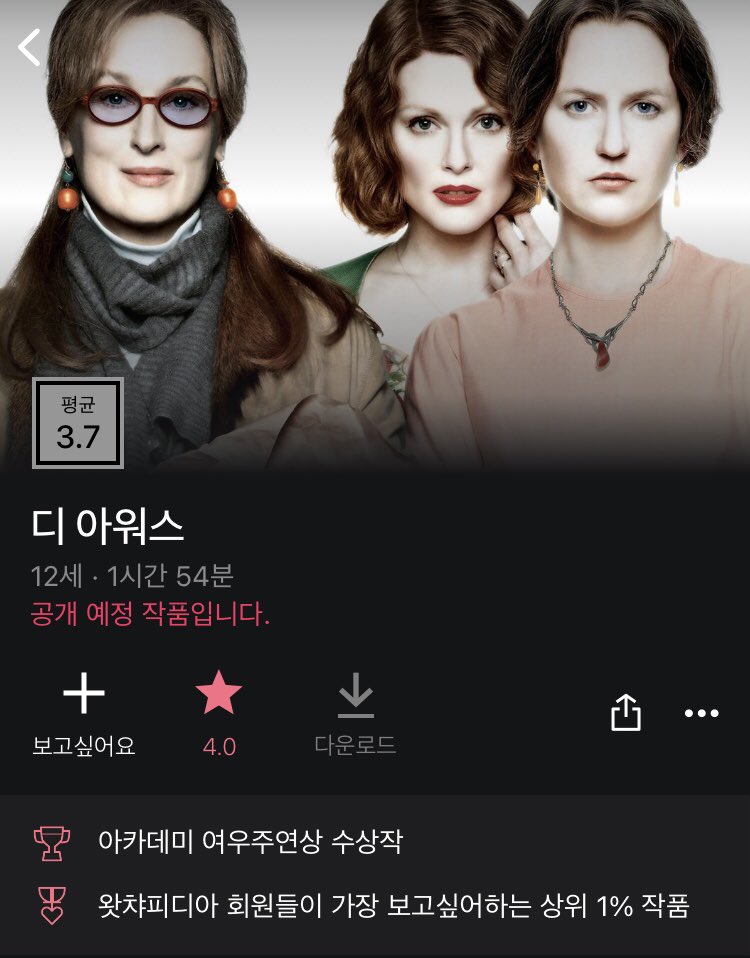 님들아 디 아워스 왓챠공개 예정이래!!!!! 무겁고 우울한 영화지만 니콜키드먼 줄리안무어 메릴스트립이 어떤 매개체로 인해 이어져있고 각기...
